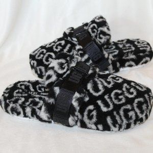 NIB UGG MEN'S FLUFF IT POP POLO FUR SLIPPERS BLACK WHITE